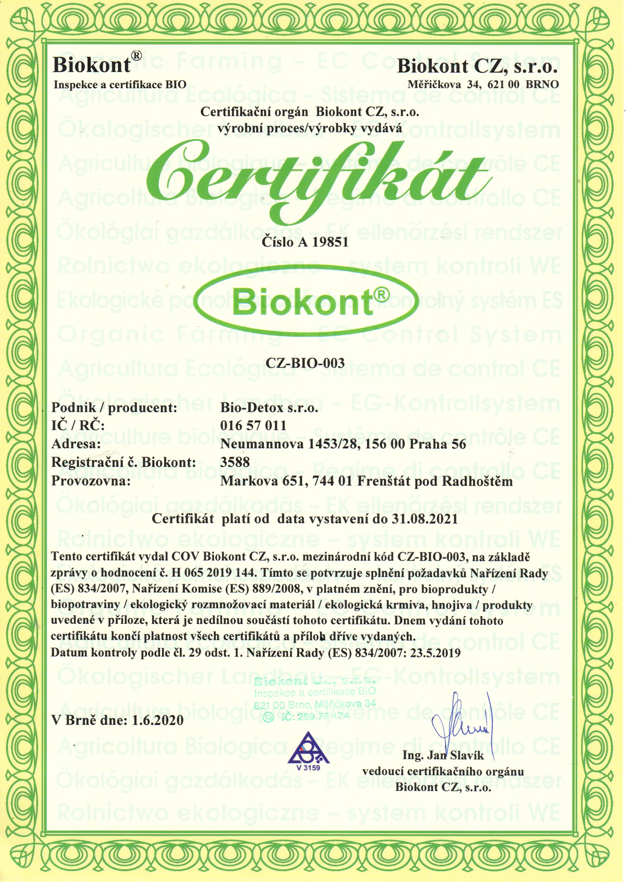 certifikát BioKont025